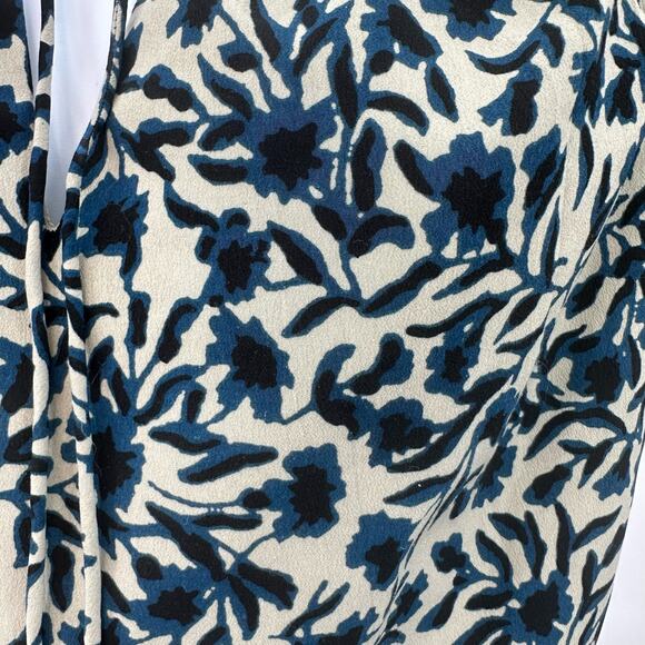 Ann Taylor LOFT Tan/Blue/Black Knee Length Floral Dress WMNS M Ruffle Tie Neck - Picture 10 of 12
